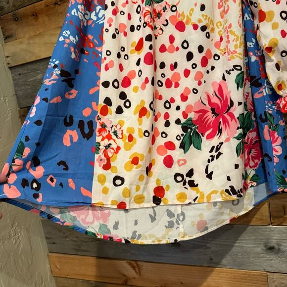 UMGEE Mixed Print Crochet Trim Dress Cream/Blue Floral Animal Print S Coquette - Picture 7 of 13